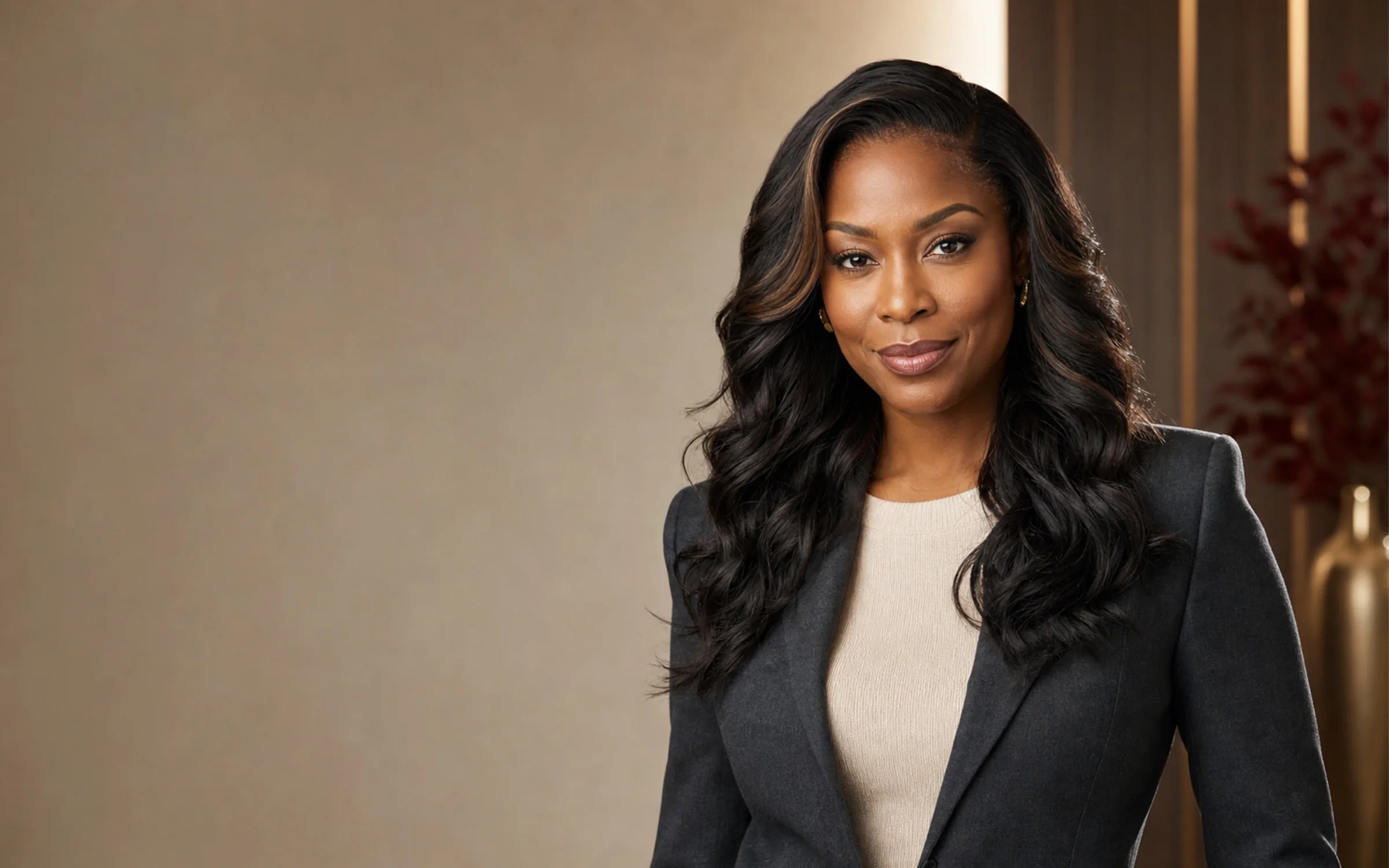Black woman in a charcoal blazer wears long natural-black loose waves with subtle chestnut dimension.