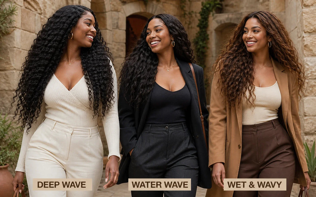 Three women laughing together in dry Deep Wave, Water Wave and Warm Brown Wet and Wavy hairstyles