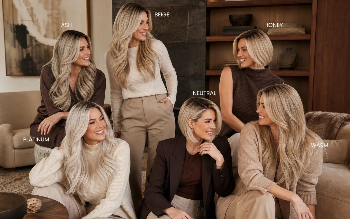 Six women exploring Ash, Beige, Honey, Platinum, Neutral and Warm rooted blonde directions in a lounge