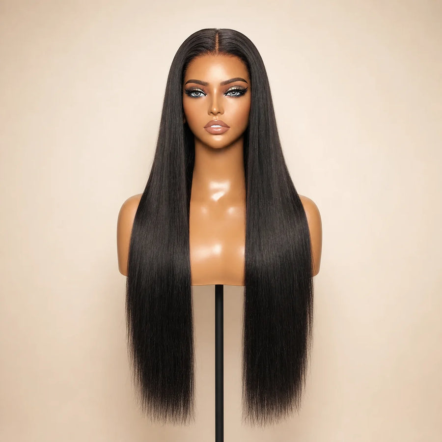 Front view of the Hugyoo Natural Black Straight glueless human hair wig on a mannequin.