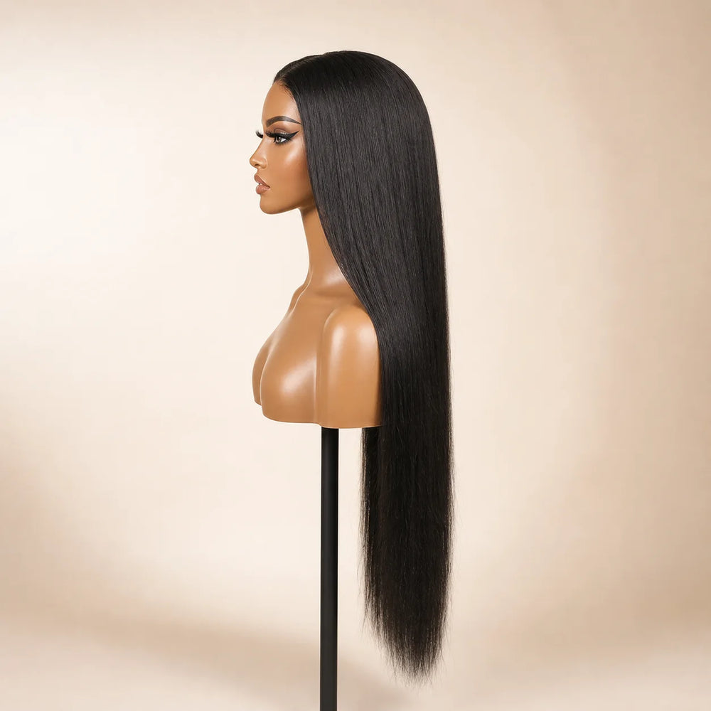 Front view of the Hugyoo Natural Black Straight glueless human hair wig on a mannequin.