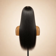 Back view of the Hugyoo Natural Black Straight glueless human hair wig showing its length and texture.