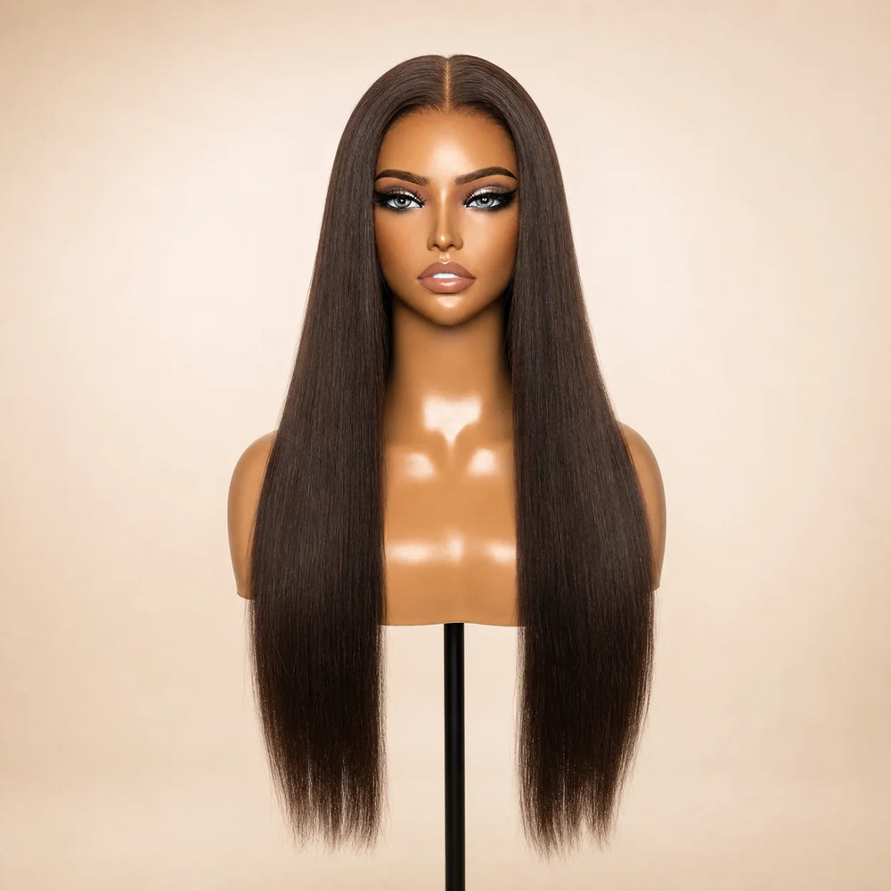 Front view of the Hugyoo Dark Brown Straight glueless human hair wig on a mannequin.
