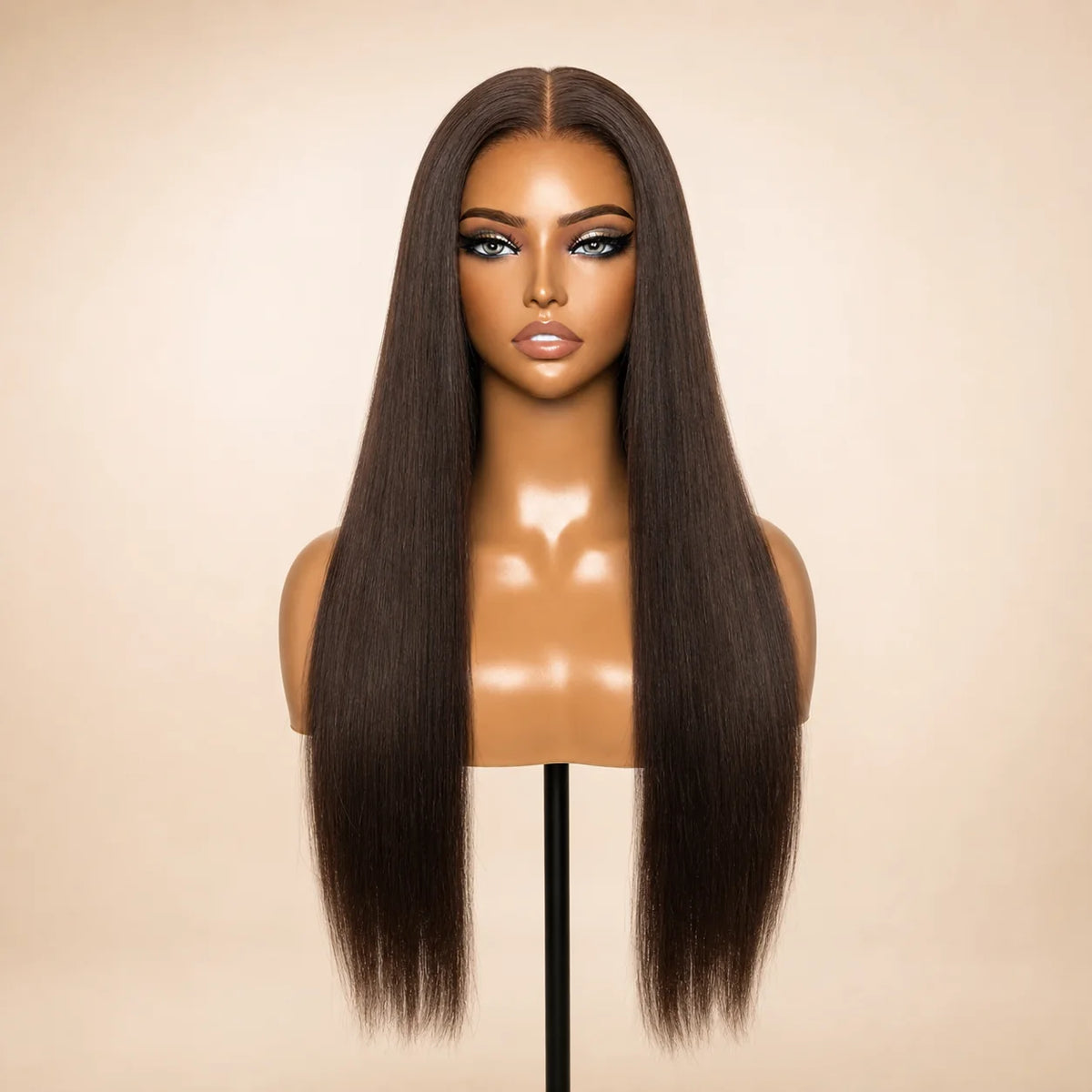 Front view of the Hugyoo Dark Brown Straight glueless human hair wig on a mannequin.