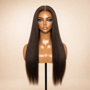 Front view of the Hugyoo Dark Brown Straight glueless human hair wig on a mannequin.