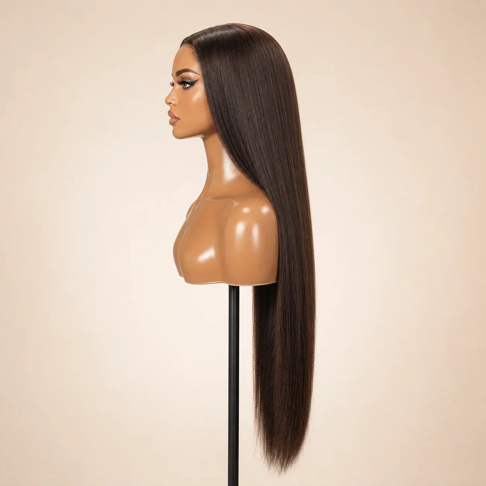 Front view of the Hugyoo Dark Brown Straight glueless human hair wig on a mannequin.