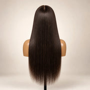 Back view of the Hugyoo Dark Brown Straight glueless human hair wig showing its length and texture.