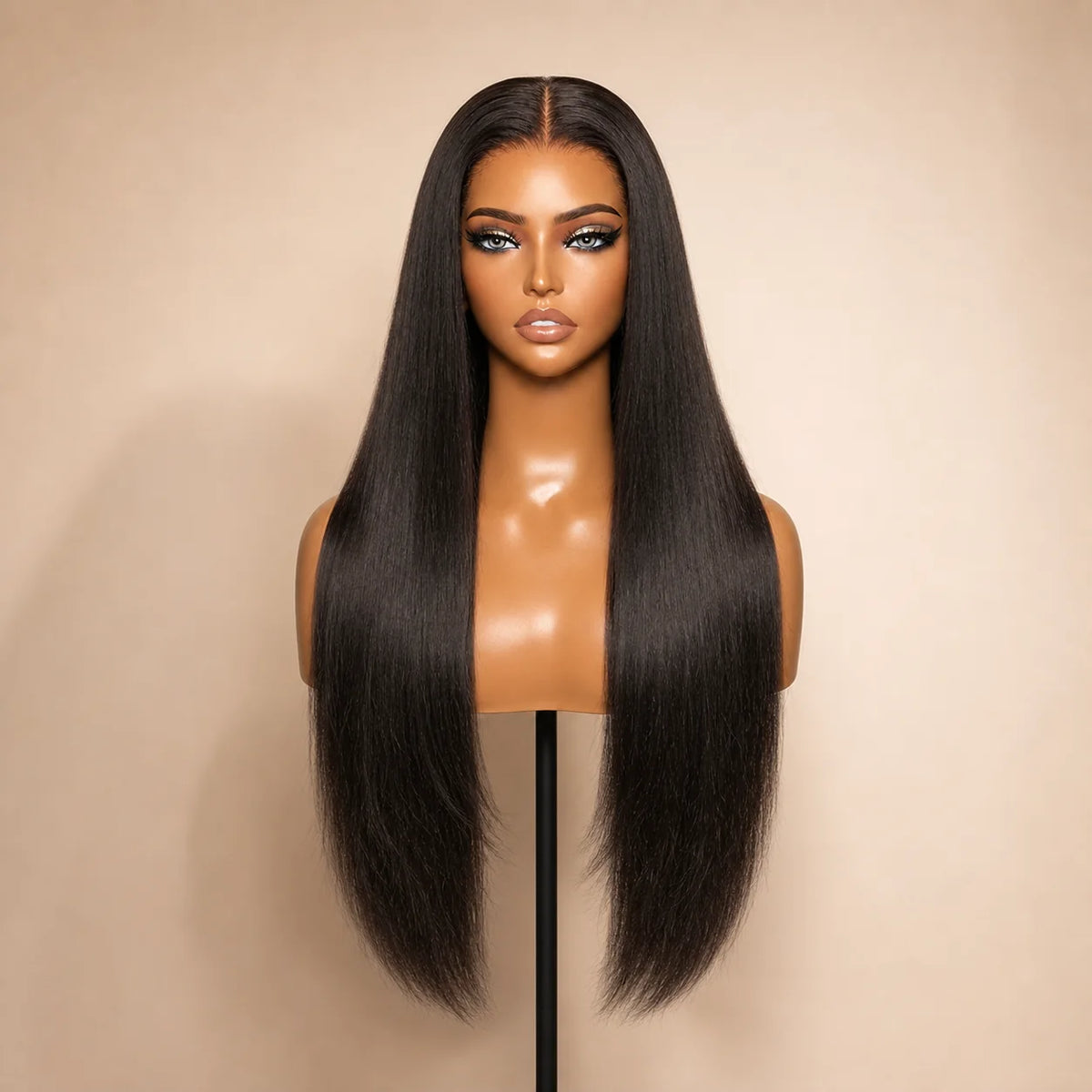 Front view of the Hugyoo Natural Black Light Yaki glueless human hair wig on a mannequin.