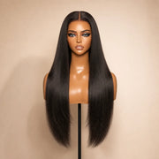 Front view of the Hugyoo Natural Black Light Yaki glueless human hair wig on a mannequin.