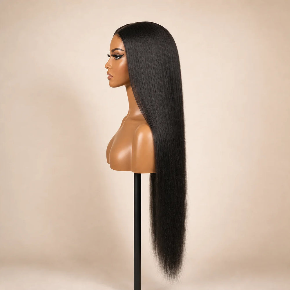 Front view of the Hugyoo Natural Black Light Yaki glueless human hair wig on a mannequin.