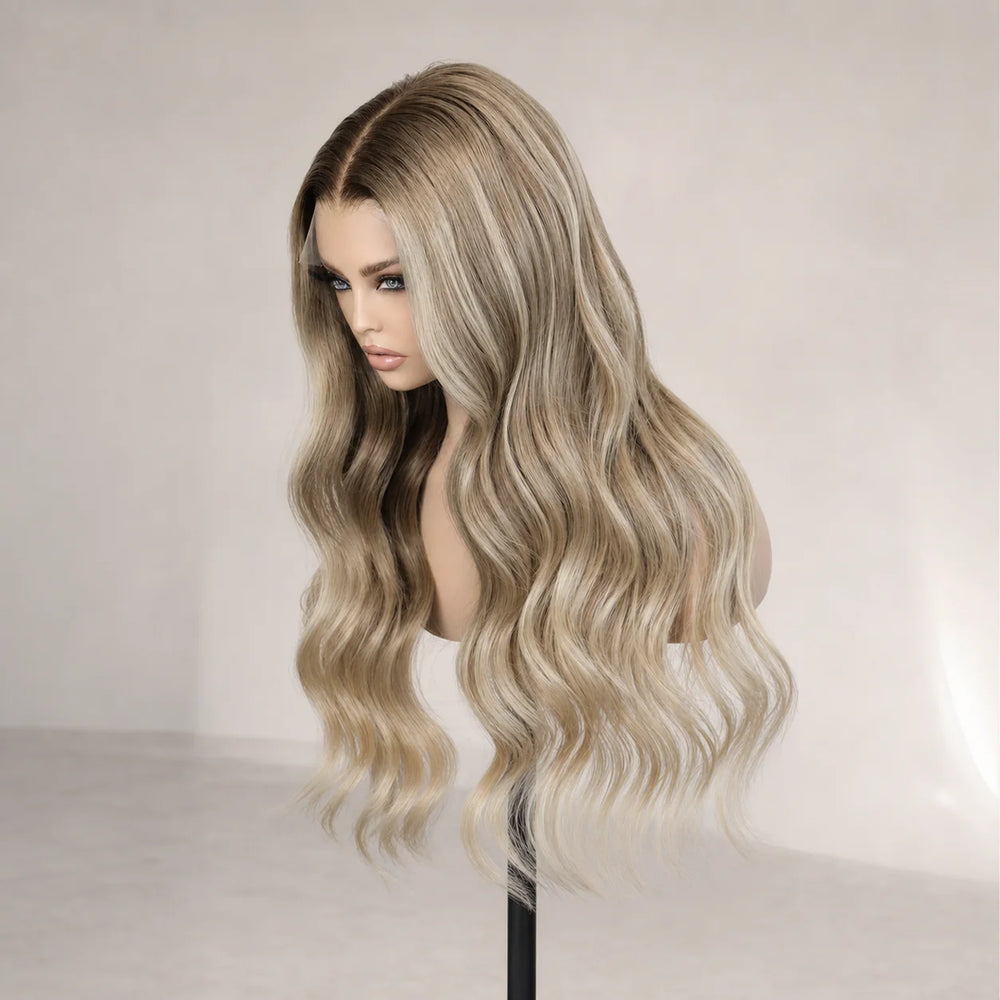 Front view of the Hugyoo Ash Blonde Soft Wave glueless human hair wig on a mannequin.