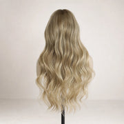 Back view of the Hugyoo Ash Blonde Soft Wave glueless human hair wig showing its length and texture.