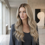 Woman wearing the Hugyoo Ash Blonde Soft Wave glueless human hair wig in a lifestyle setting.