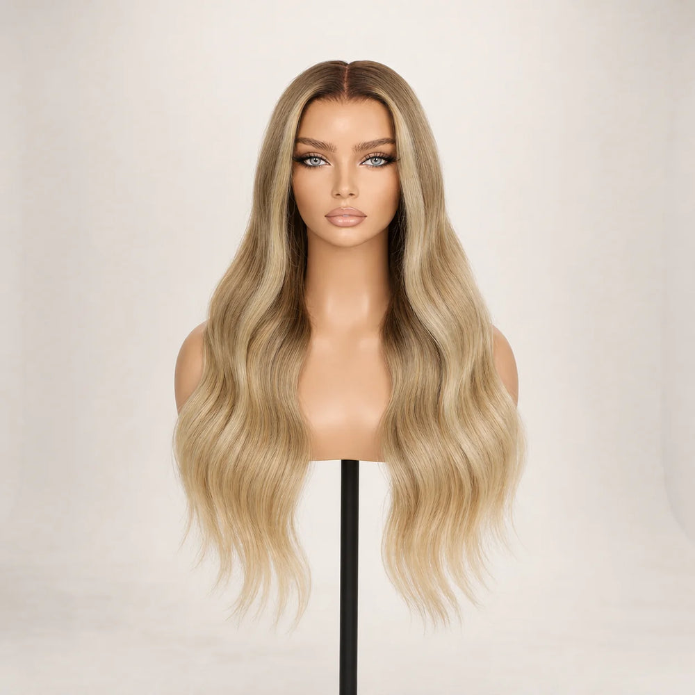 Front view of the Hugyoo Dirty Blonde Wave glueless human hair wig on a mannequin.
