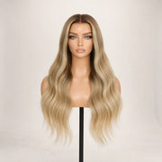 Front view of the Hugyoo Dirty Blonde Wave glueless human hair wig on a mannequin.
