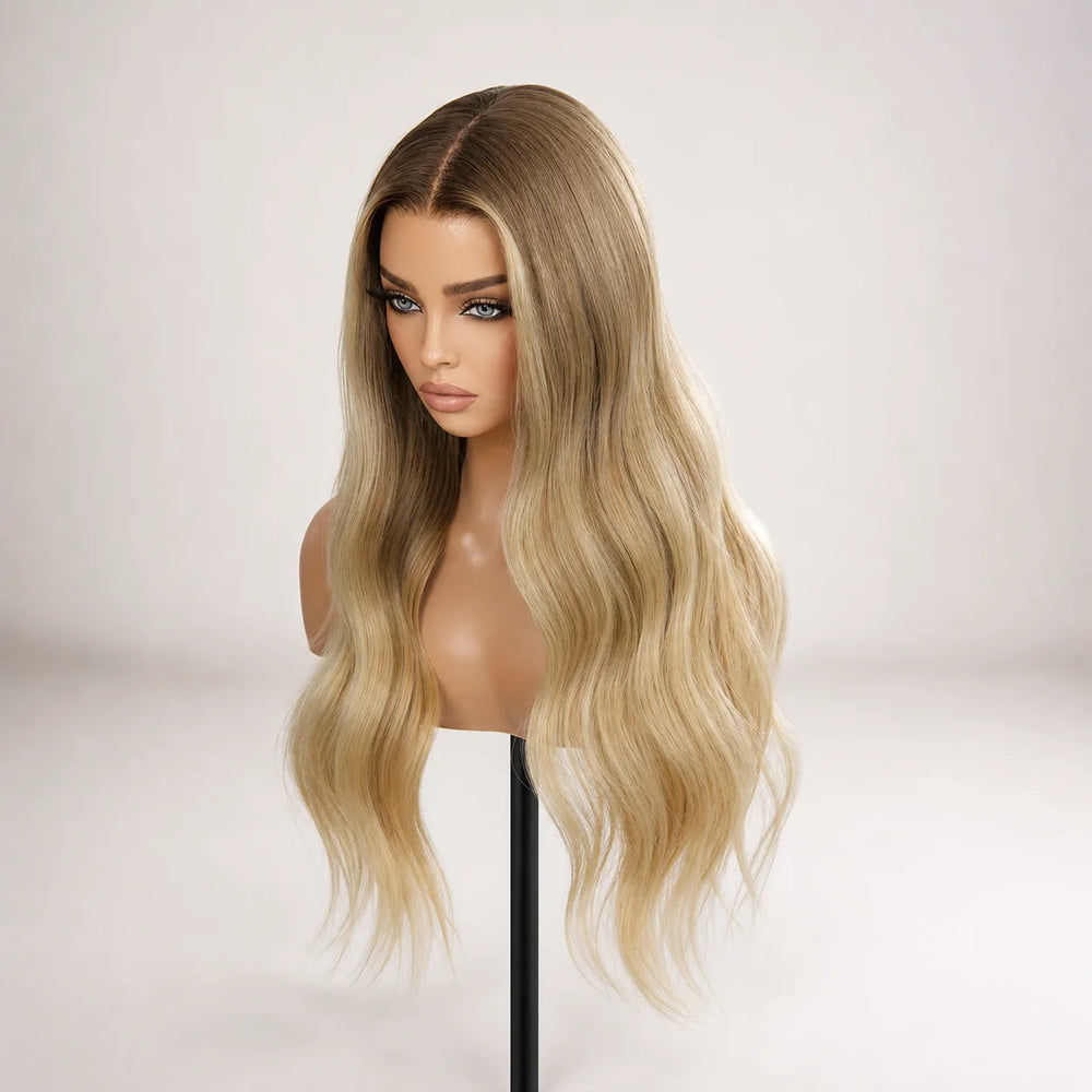 Front view of the Hugyoo Dirty Blonde Wave glueless human hair wig on a mannequin.