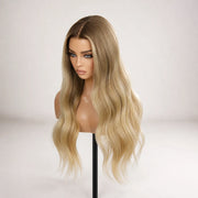 Side view of the Hugyoo Dirty Blonde Wave glueless human hair wig on a mannequin.
