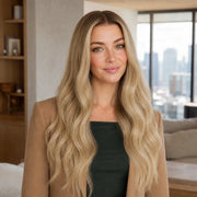Woman wearing the Hugyoo Dirty Blonde Wave glueless human hair wig in a lifestyle setting.