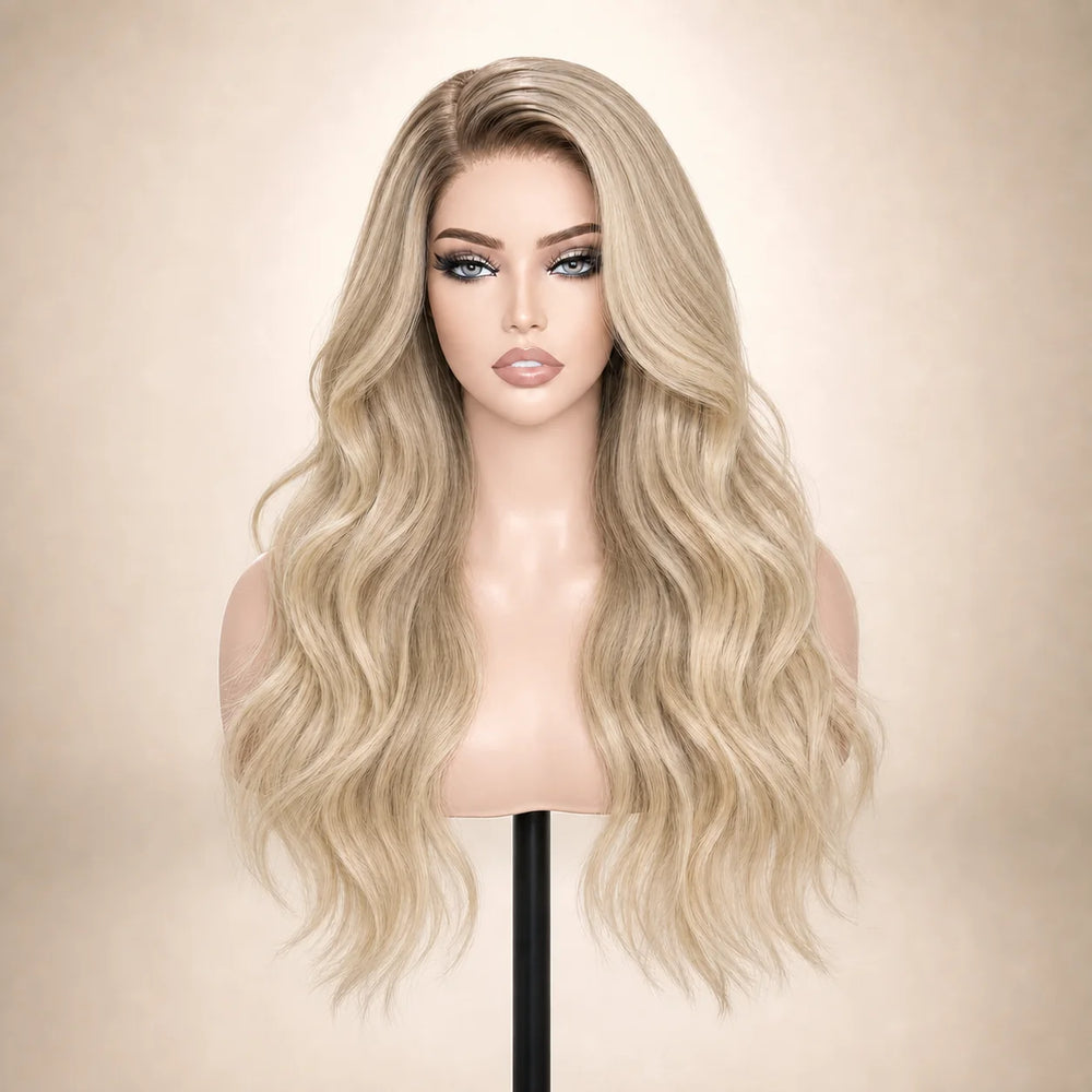Front view of the Hugyoo Luxe Blonde Loose Wave glueless human hair wig on a mannequin.