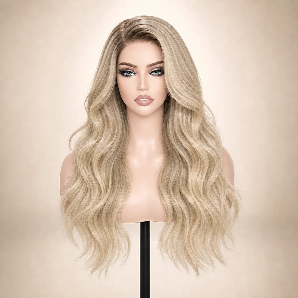 Front view of the Hugyoo Luxe Blonde Loose Wave glueless human hair wig on a mannequin.