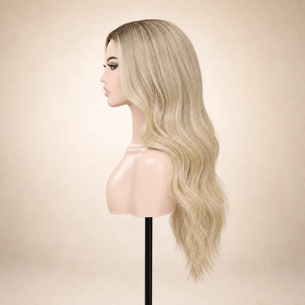 Front view of the Hugyoo Luxe Blonde Loose Wave glueless human hair wig on a mannequin.