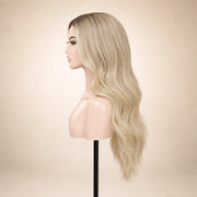 Side view of the Hugyoo Luxe Blonde Loose Wave glueless human hair wig on a mannequin.