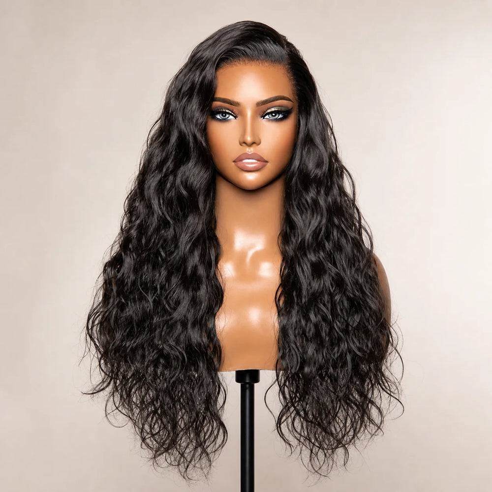 Front view of the Hugyoo Natural Black Long Natural Wave Side Part glueless human hair wig on a mannequin.