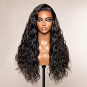 Front view of the Hugyoo Natural Black Long Natural Wave Side Part glueless human hair wig on a mannequin.