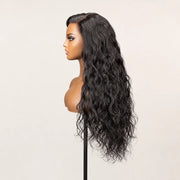 Side view of the Hugyoo Natural Black Long Natural Wave Side Part glueless human hair wig on a mannequin.