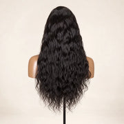 Back view of the Hugyoo Natural Black Long Natural Wave Side Part glueless human hair wig showing its length and texture.