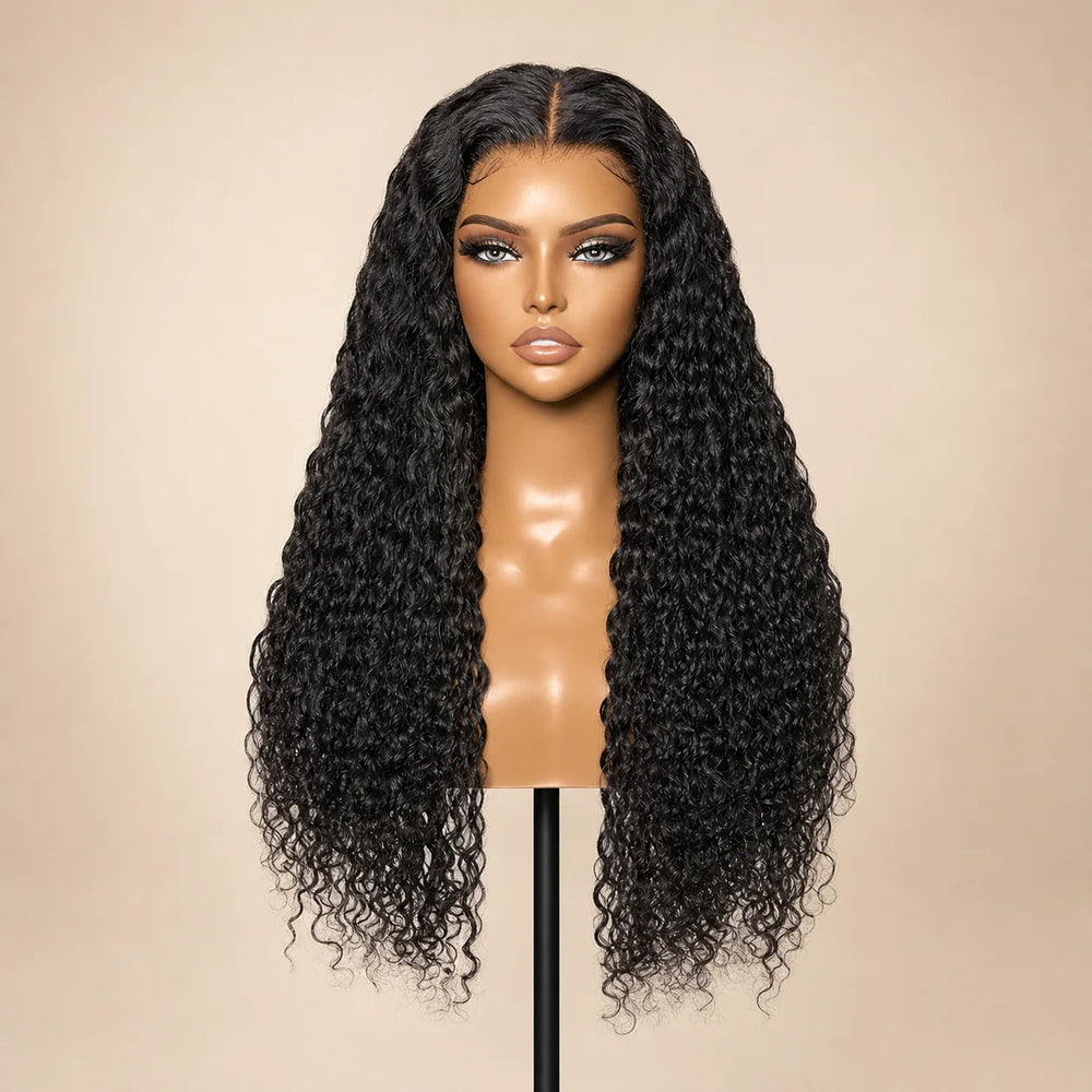 Front view of the Hugyoo Natural Black Deep Wave glueless human hair wig on a mannequin.