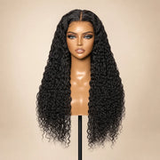 Front view of the Hugyoo Natural Black Deep Wave glueless human hair wig on a mannequin.