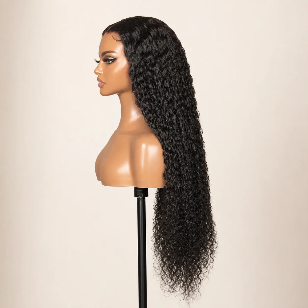 Front view of the Hugyoo Natural Black Deep Wave glueless human hair wig on a mannequin.