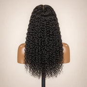 Back view of the Hugyoo Natural Black Deep Wave glueless human hair wig showing its length and texture.