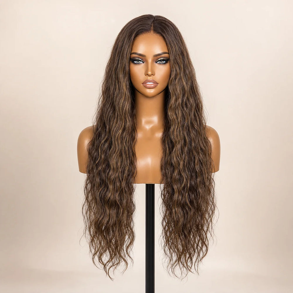 Front view of the Hugyoo Warm Brown Wet & Wavy glueless human hair wig on a mannequin.