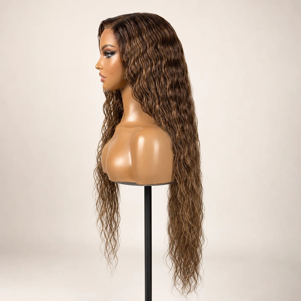 Front view of the Hugyoo Warm Brown Wet & Wavy glueless human hair wig on a mannequin.