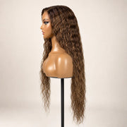Side view of the Hugyoo Warm Brown Wet & Wavy glueless human hair wig on a mannequin.