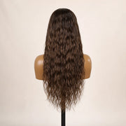 Back view of the Hugyoo Warm Brown Wet & Wavy glueless human hair wig showing its length and texture.