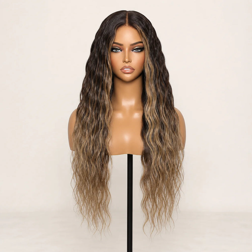 Front view of the Hugyoo Bronde Balayage Wet & Wavy glueless human hair wig on a mannequin.
