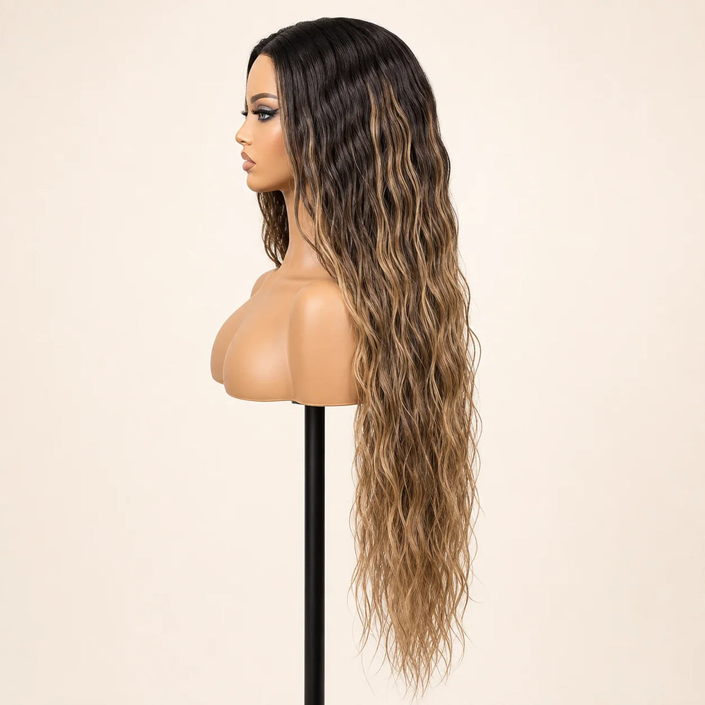 Front view of the Hugyoo Bronde Balayage Wet & Wavy glueless human hair wig on a mannequin.