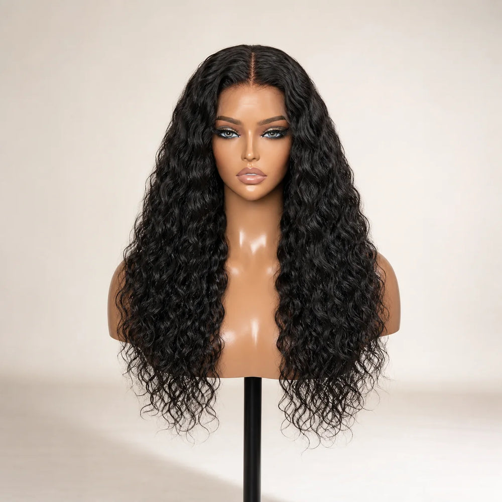Front view of the Hugyoo Natural Black Water Wave glueless human hair wig on a mannequin.