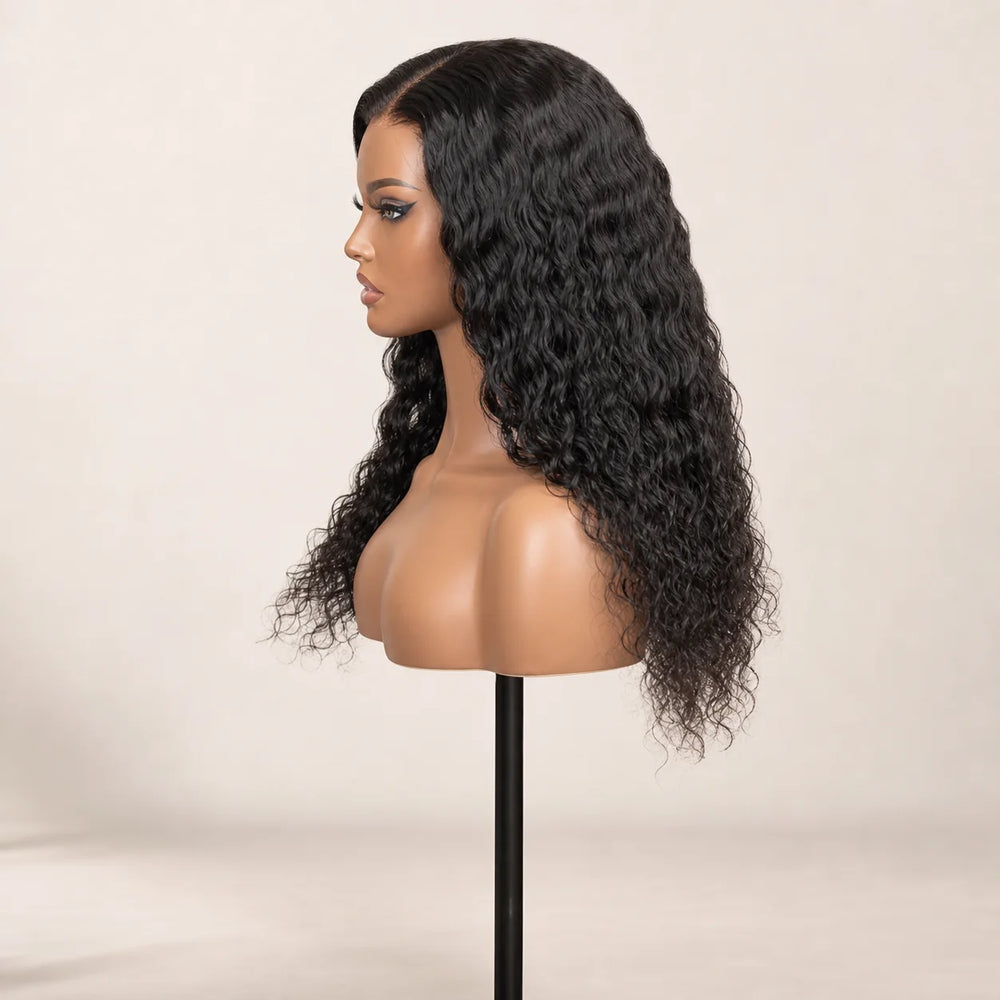 Front view of the Hugyoo Natural Black Water Wave glueless human hair wig on a mannequin.