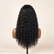 Back view of the Hugyoo Natural Black Water Wave glueless human hair wig showing its length and texture.