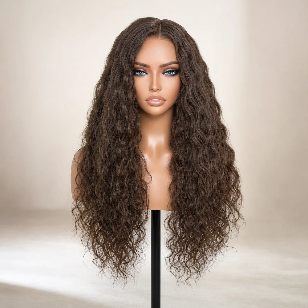 Front view of the Hugyoo Cool Brown Natural Texture 2C Curly glueless human hair wig on a mannequin.