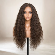 Front view of the Hugyoo Cool Brown Natural Texture 2C Curly glueless human hair wig on a mannequin.