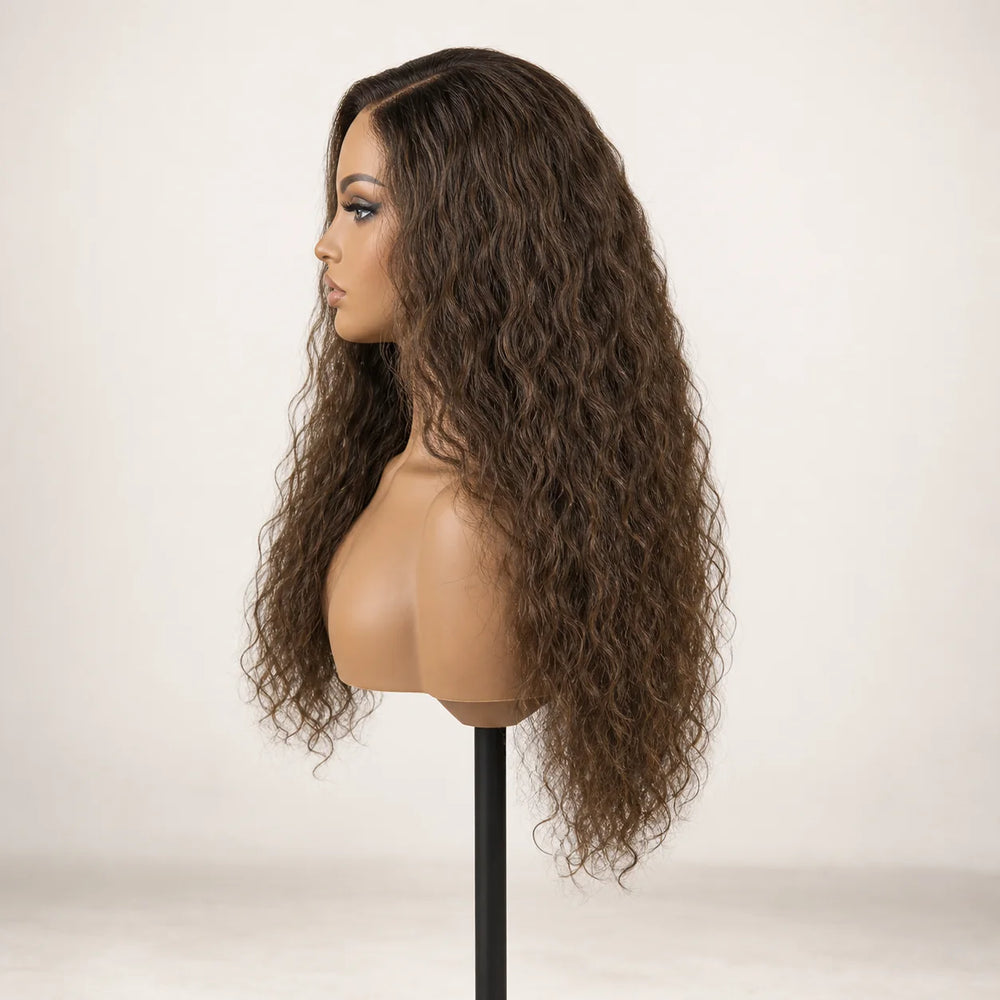 Front view of the Hugyoo Cool Brown Natural Texture 2C Curly glueless human hair wig on a mannequin.