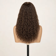 Back view of the Hugyoo Cool Brown Natural Texture 2C Curly glueless human hair wig showing its length and texture.