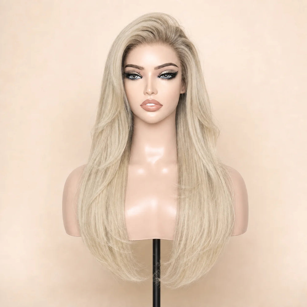 Front view of the Hugyoo Cool Blonde Silky Straight glueless human hair wig on a mannequin.