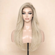Front view of the Hugyoo Cool Blonde Silky Straight glueless human hair wig on a mannequin.