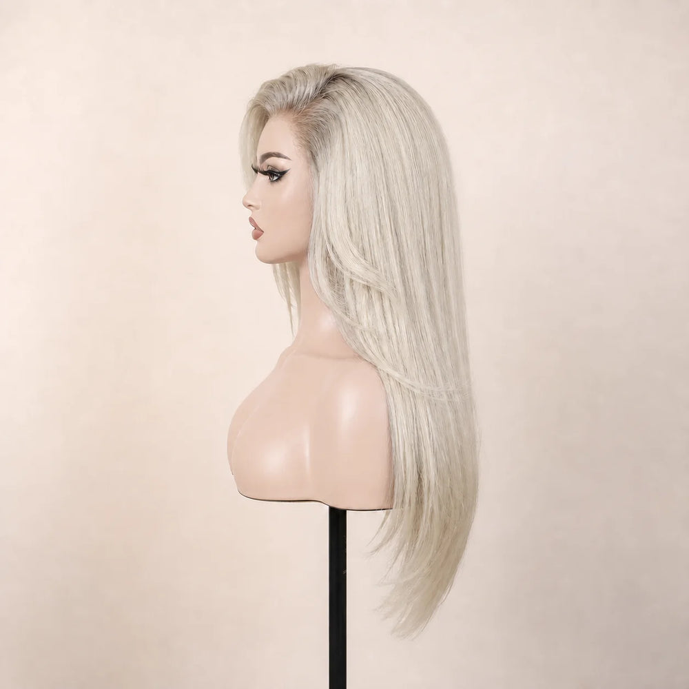 Front view of the Hugyoo Cool Blonde Silky Straight glueless human hair wig on a mannequin.